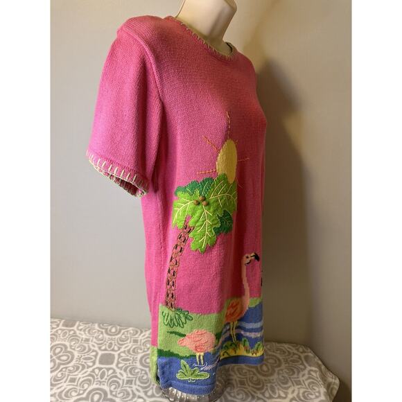 VINTAGE 80s Quacker Factory Sweater Womens Small Pink Flamingos Ramie Cotton - Picture 3 of 12